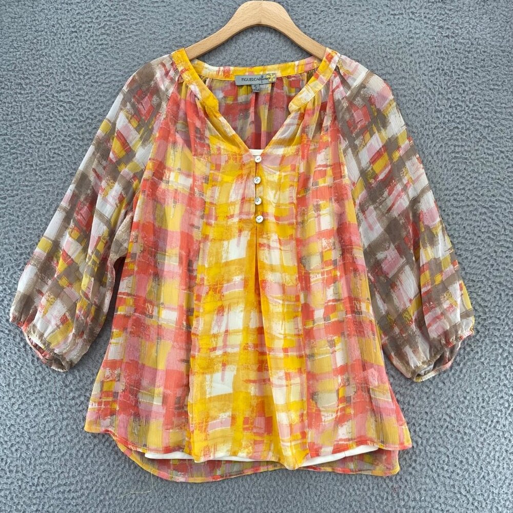 Figueroa & Flower Top Womens Small Yellow Pink Pattern Raglan 3/4 Sleeve Button